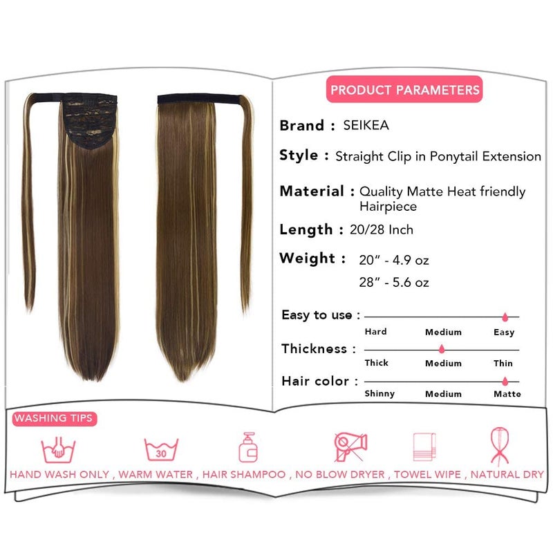 SEIKEA Clip in Ponytail Extension Wrap Around Straight Hair for Women (28", Brown/Ash Blonde Mix) - Image 3